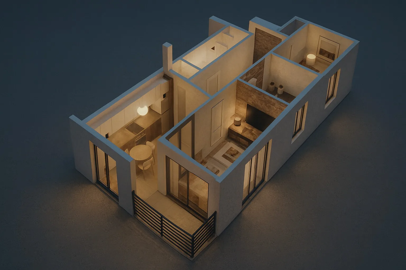 Akşam aydınlatmasıyla, tavanı açık kompakt bir dairenin kuşbakışı 3D görünümü: mutfak, salon, balkon, yatak odası, çalışma odası ve banyo