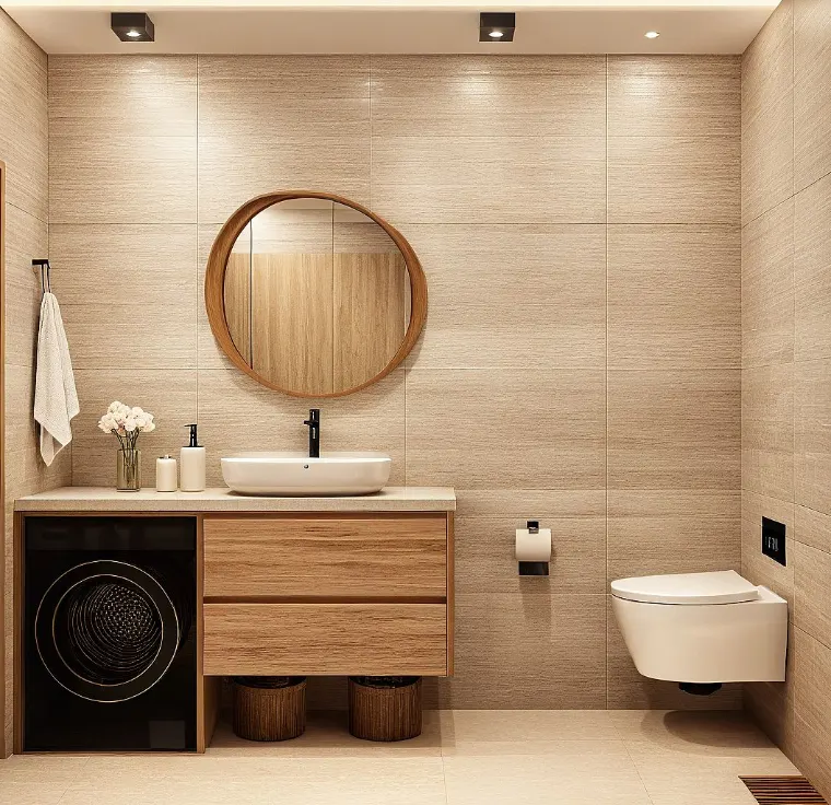 Ahşap tezgâhlı, yuvarlak aynalı ve asma klozetli banyo