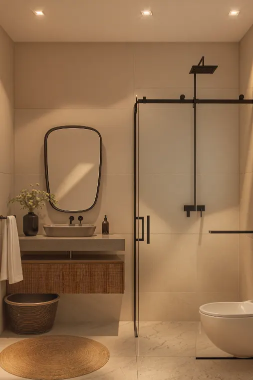 Duşakabinli, ahşap tezgâhlı ve yuvarlak aynalı banyo