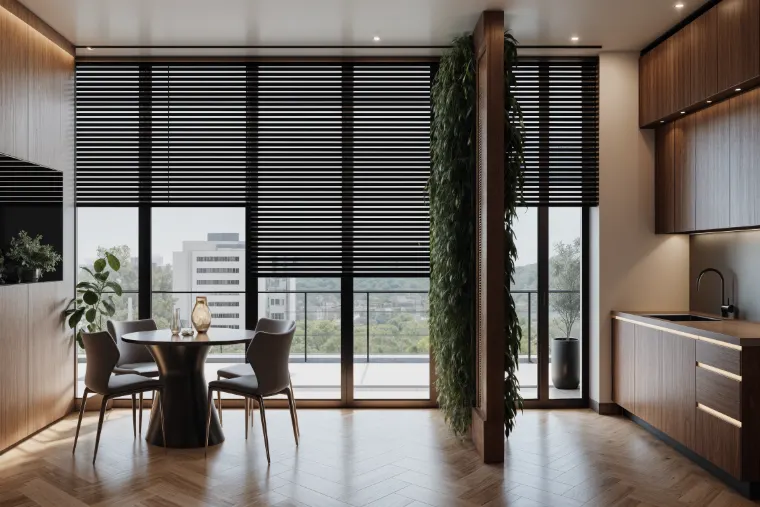 Dikey bahçe bölücülü, yemek masalı açık plan salon ve mutfak